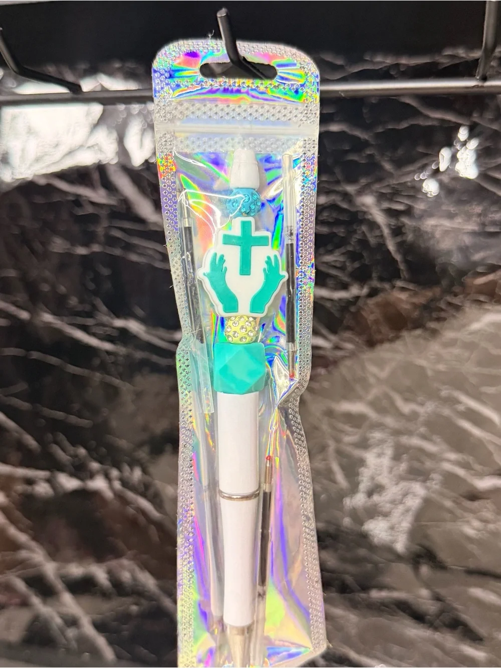 Teal Cross Focal Bead Pen Black and Blue Ink